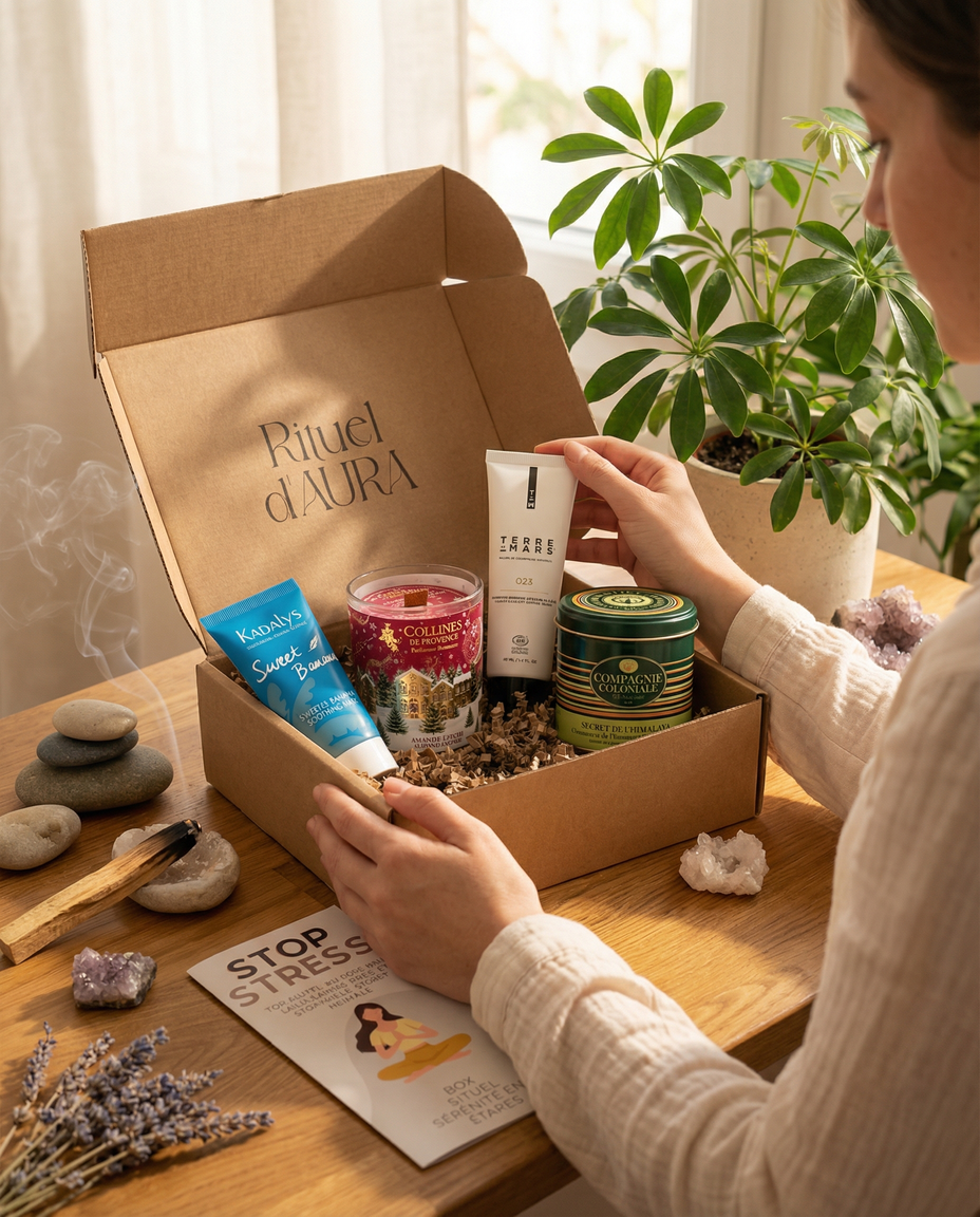 Personne qui ouvre la box cadeau rituel d'Aura